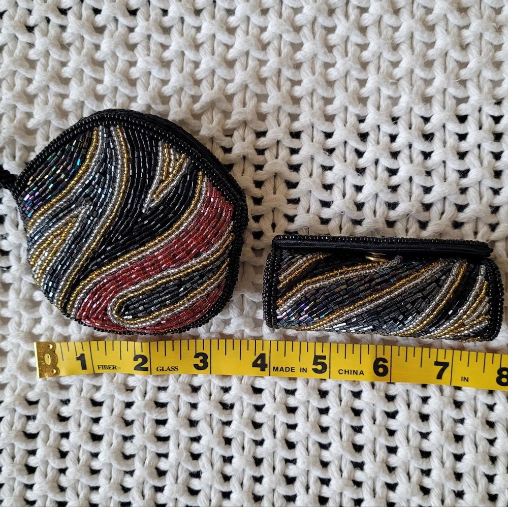 Vintage 80s Small Beaded Coin Purse/Pouch & Lipstick Case, Multicolor